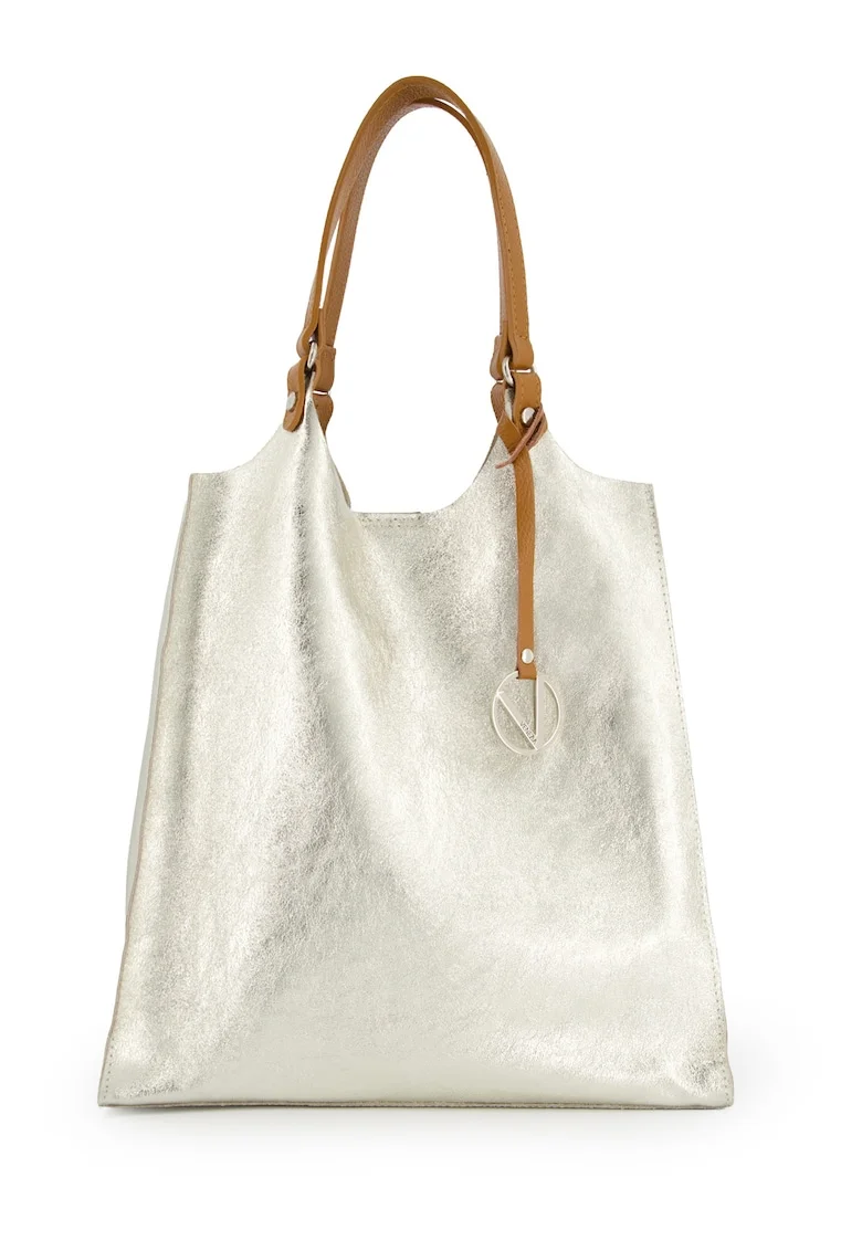 Set 2 piese geanta shopper  piele naturala auriu metalizat 36x35x10cm