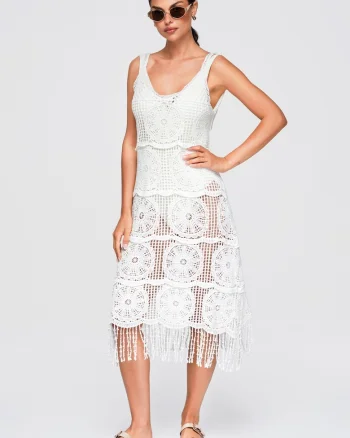 Rochie midi eleganta cu decolteu rotund si franjuri OW-DLR-E0013, Alb, ONESIZE