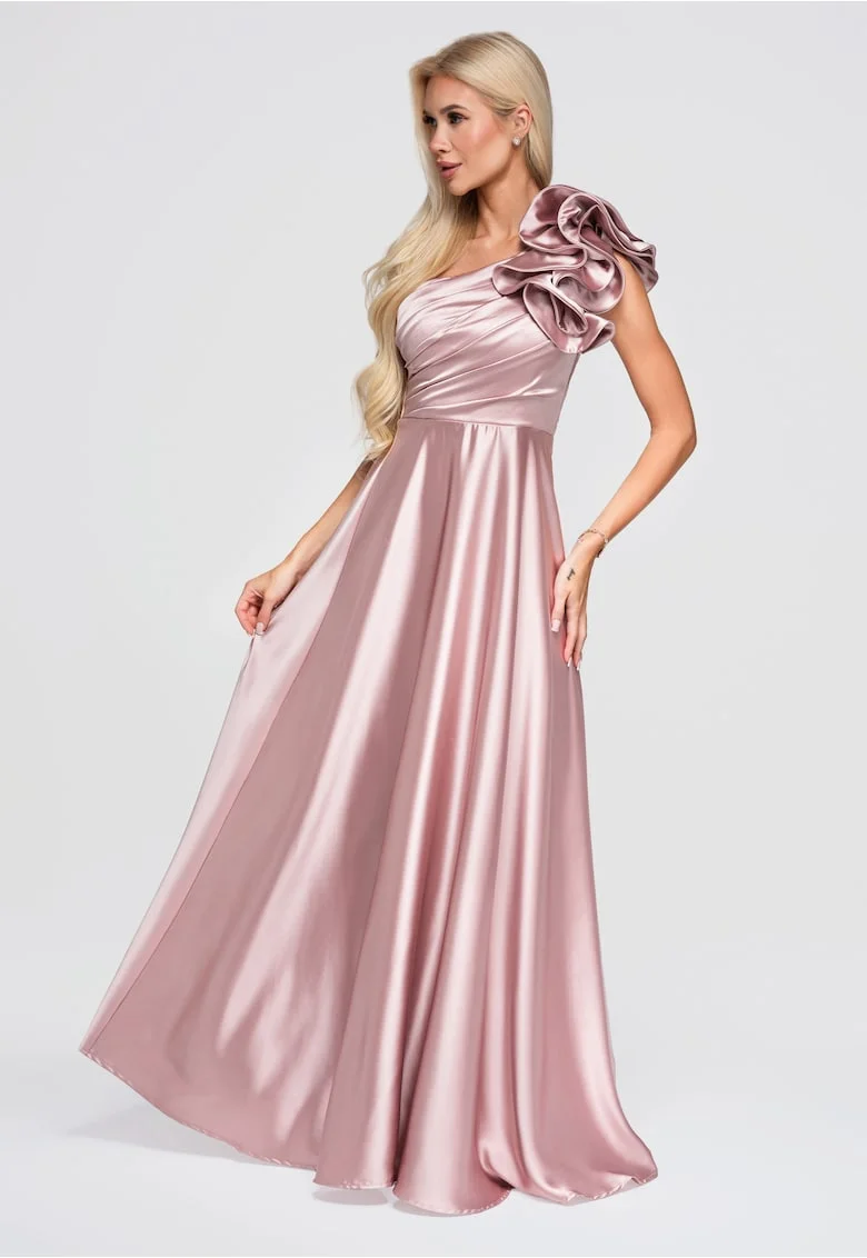 Rochie maxi cu decolteu asimetric, drapare si falbana pentru evenimente LA-OM-DLR362, Roz