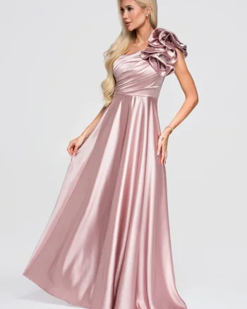Rochie maxi cu decolteu asimetric, drapare si falbana pentru evenimente LA-OM-DLR362, Roz
