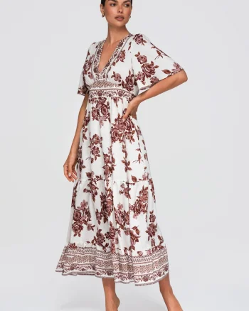 Rochie maxi cu decolteu in V cu maneci scurte OW-DLR-E0010, Maro