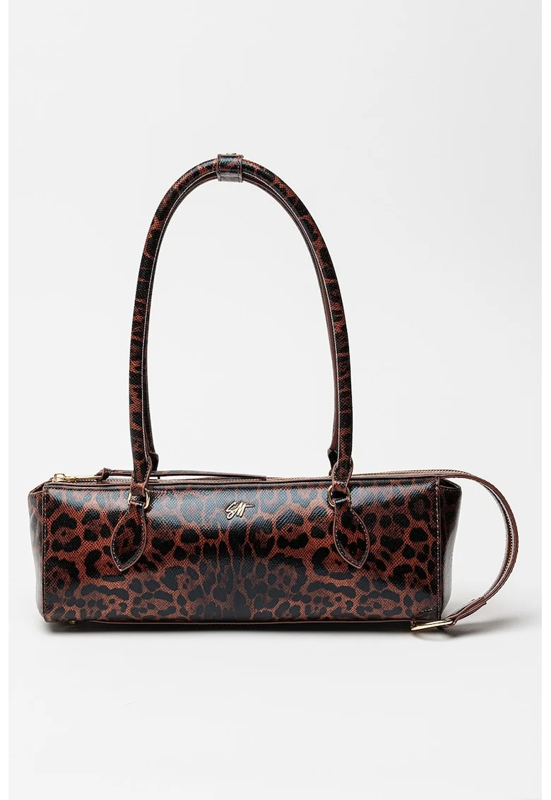 Geanta bowler de piele ecologica cu animal print Remie, Negru/Maro