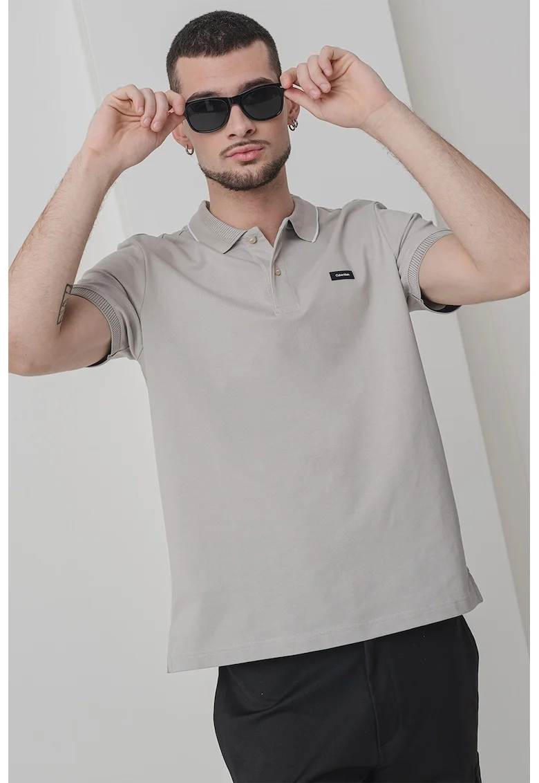 Tricou polo din amestec de bumbac organic cu logo discret, Alb/Grej
