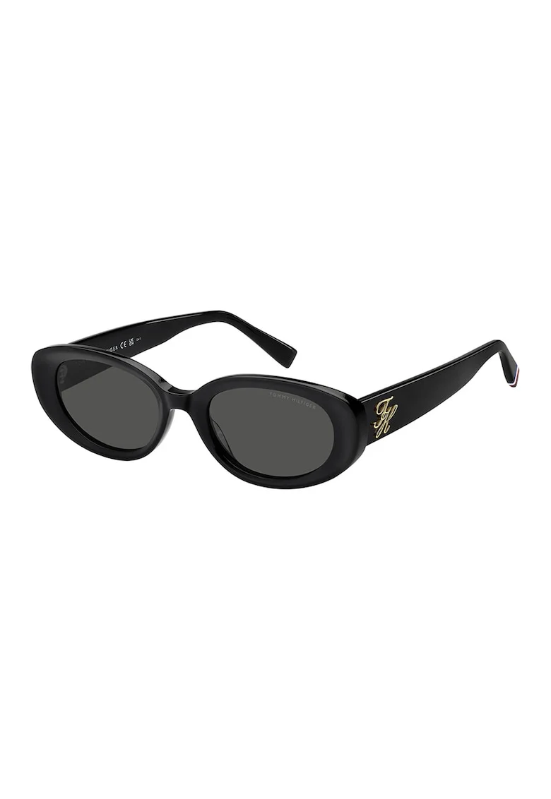 Ochelari de soare ovali cu logo metalic, Negru