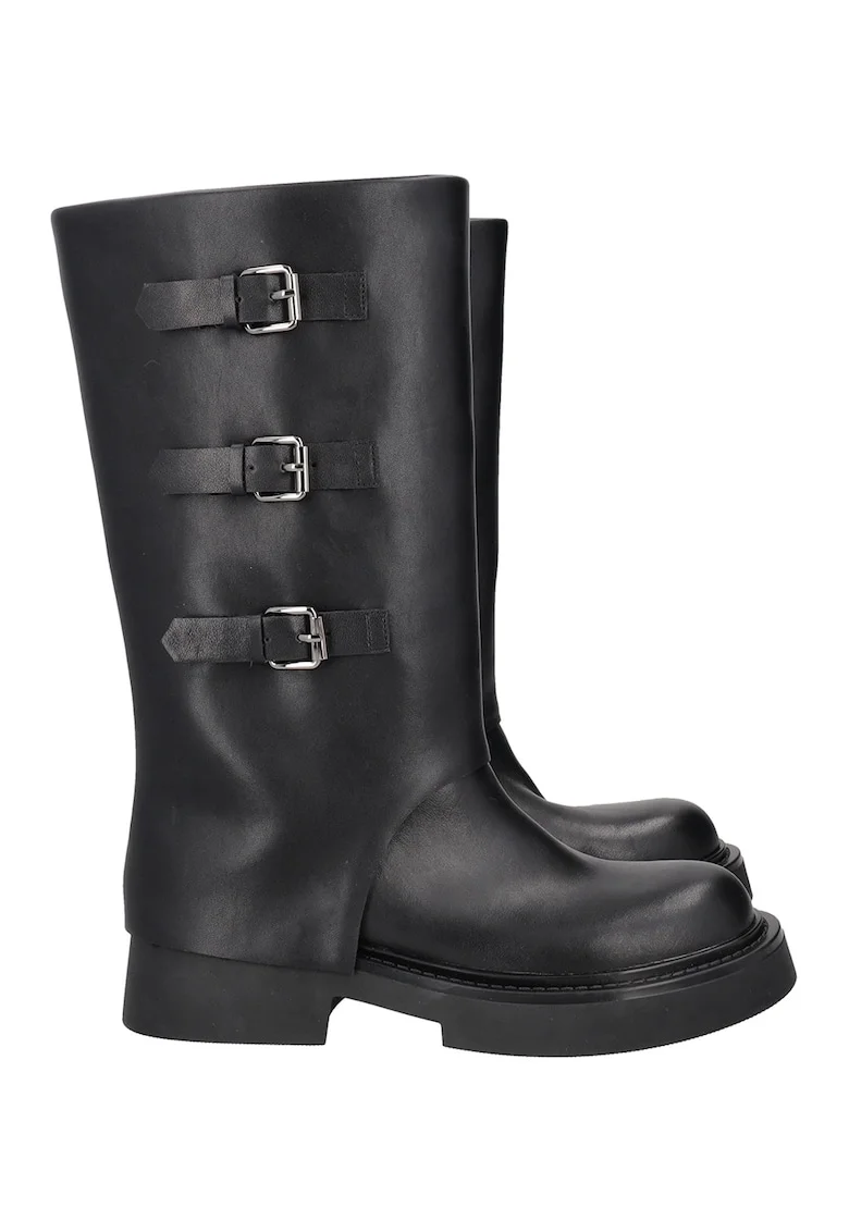 Cizme mid-calf de piele si piele ecologica, Negru