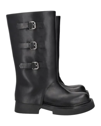 Cizme mid-calf de piele si piele ecologica, Negru