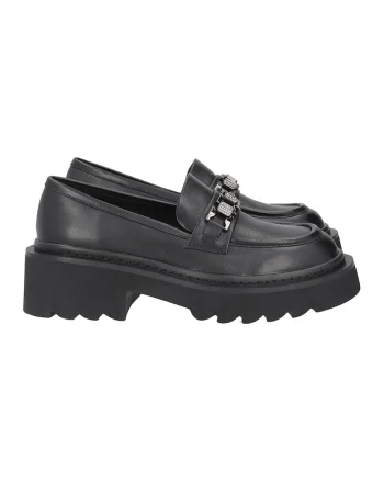 Pantofi loafer de piele cu detaliu metalic, Negru
