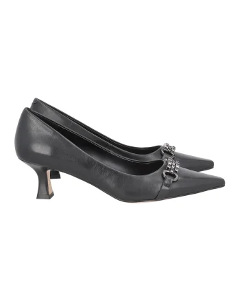 Pantofi de piele cu toc si detaliu metalic, Negru