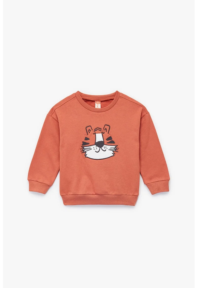 Bluza de trening cu decolteu la baza gatului si broderie, Coral