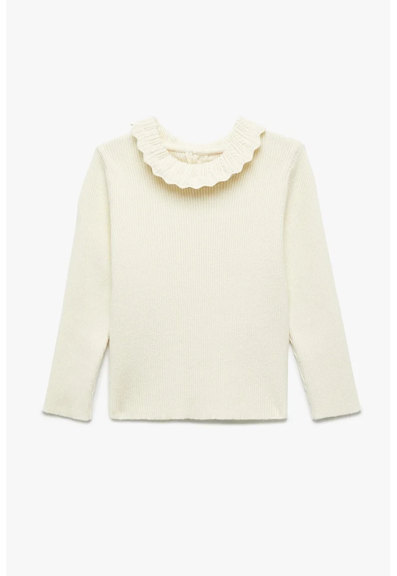 Pulover striat cu guler cu volane, Crem