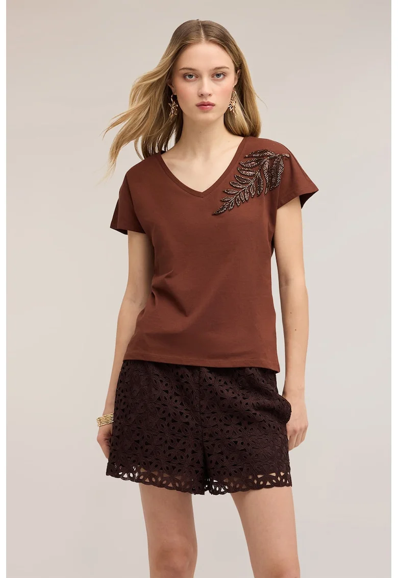 Tricou lejer cu aplicatii cu paiete, Maro inchis/Maro bronz inchis