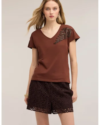 Tricou lejer cu aplicatii cu paiete, Maro inchis/Maro bronz inchis