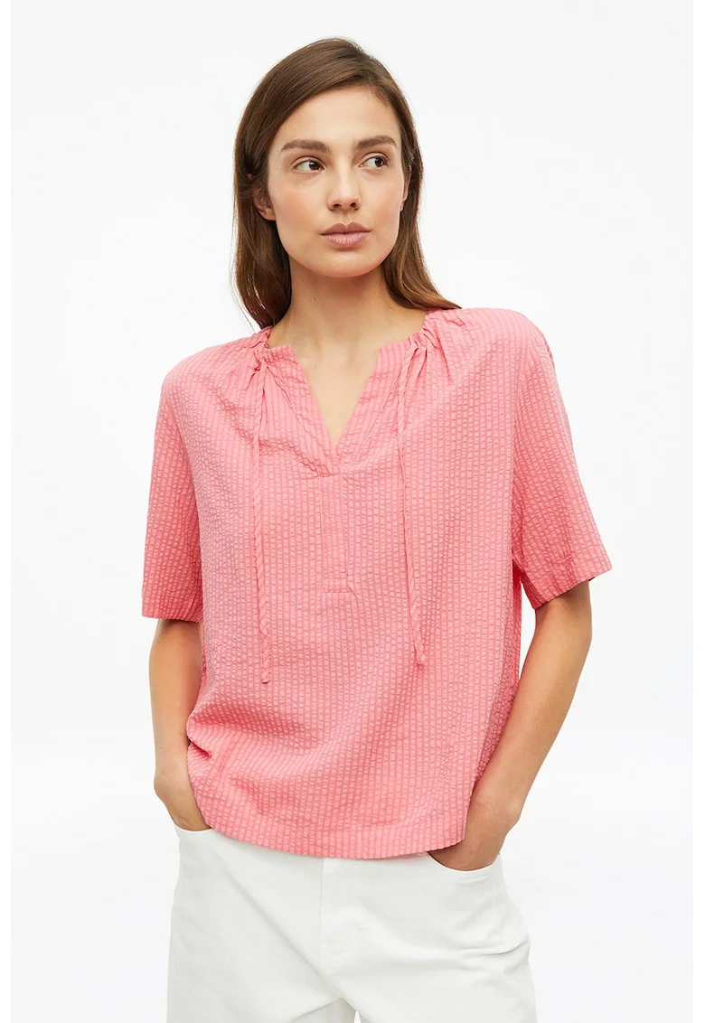 Bluza cu maneci medii cu prindere cu cordon la decolteu, Nude rose