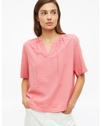 Bluza cu maneci medii cu prindere cu cordon la decolteu, Nude rose