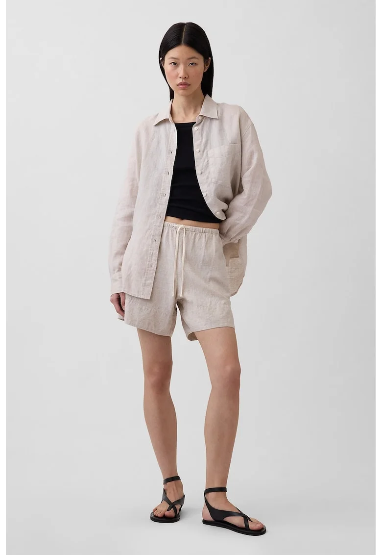 Pantaloni scurti din amestec de in cu snur de ajustare in talie, Bej deschis