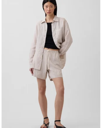 Pantaloni scurti din amestec de in cu snur de ajustare in talie, Bej deschis