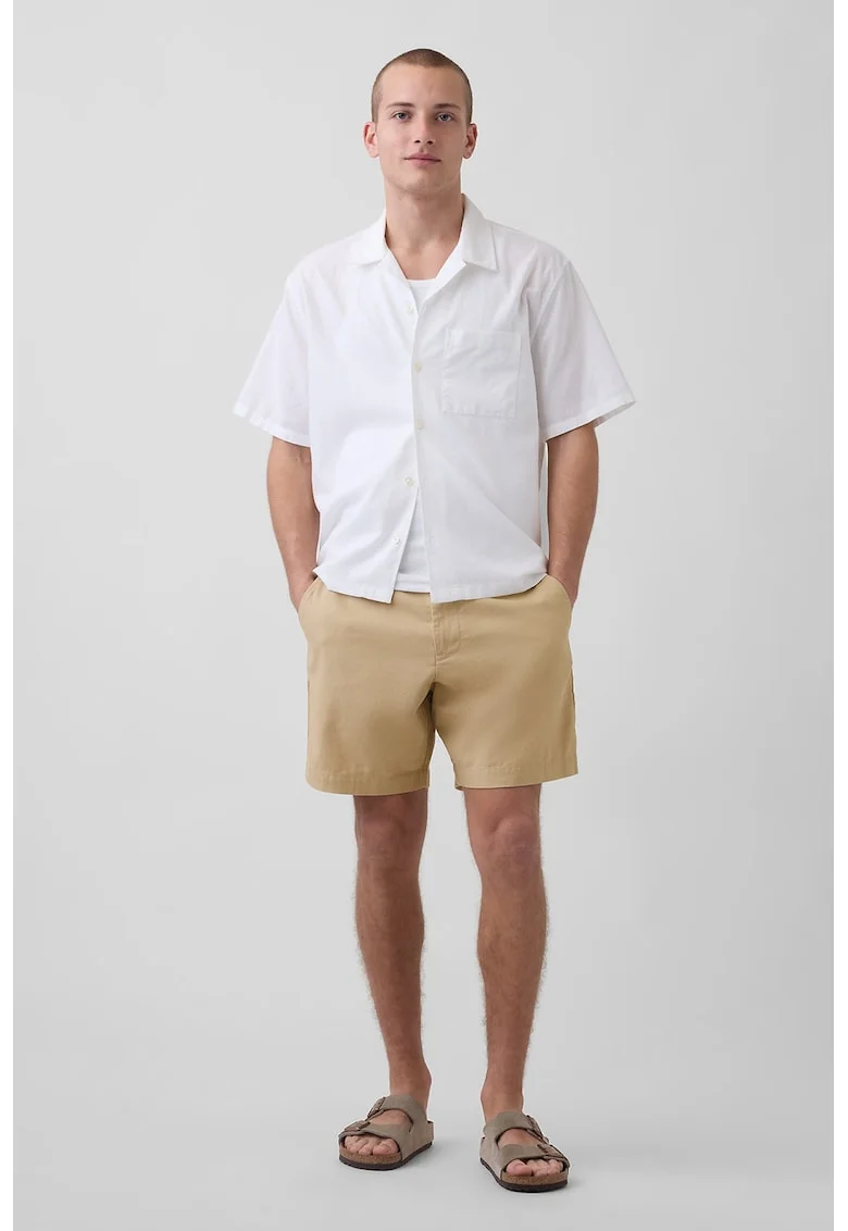 Pantaloni scurti din amestec de in cu buzunare, Maro camel
