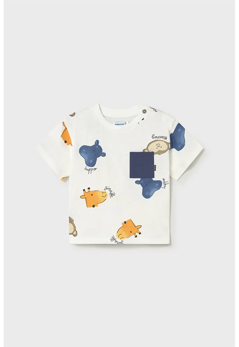 Tricou cu imprimeu si buzunar pe piept, Alb/Portocaliu/Bleumarin