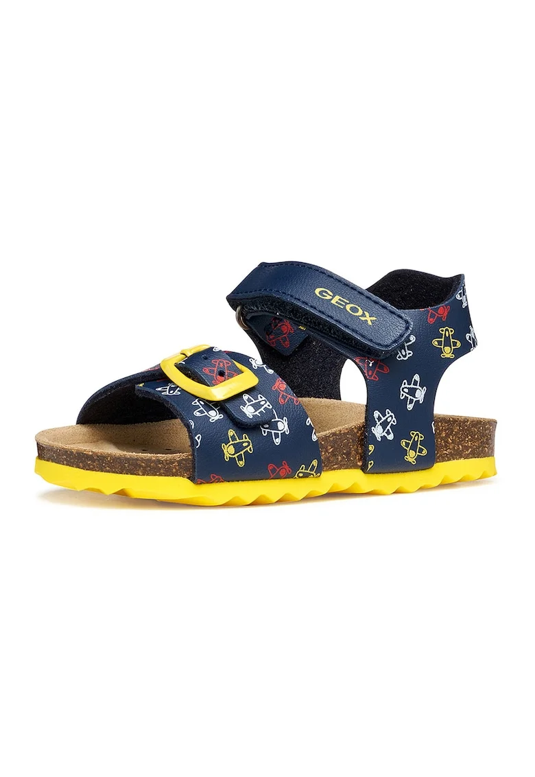 Sandale de piele ecologica cu velcro si model, Alb/Galben/Bleumarin