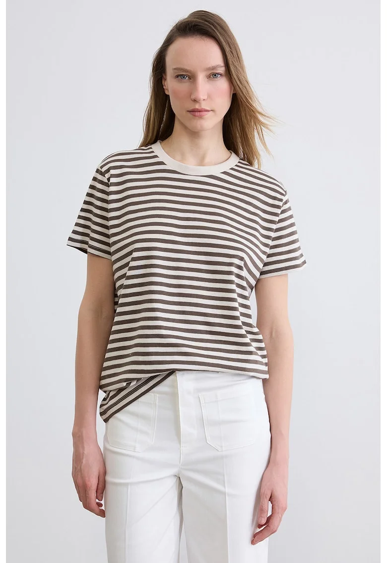 Tricou de bumbac cu dungi, Alb fildes/Maro