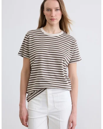 Tricou de bumbac cu dungi, Alb fildes/Maro