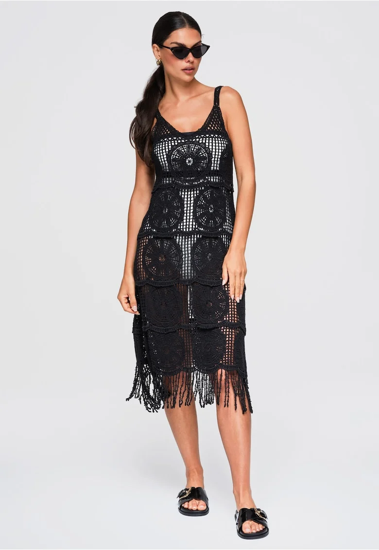 Rochie midi eleganta cu decolteu rotund si franjuri OW-DLR-E0013, Negru, ONESIZE