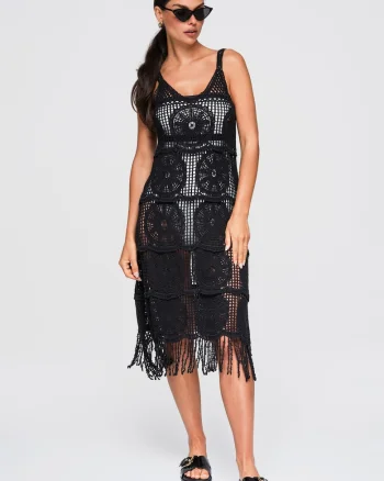 Rochie midi eleganta cu decolteu rotund si franjuri OW-DLR-E0013, Negru, ONESIZE