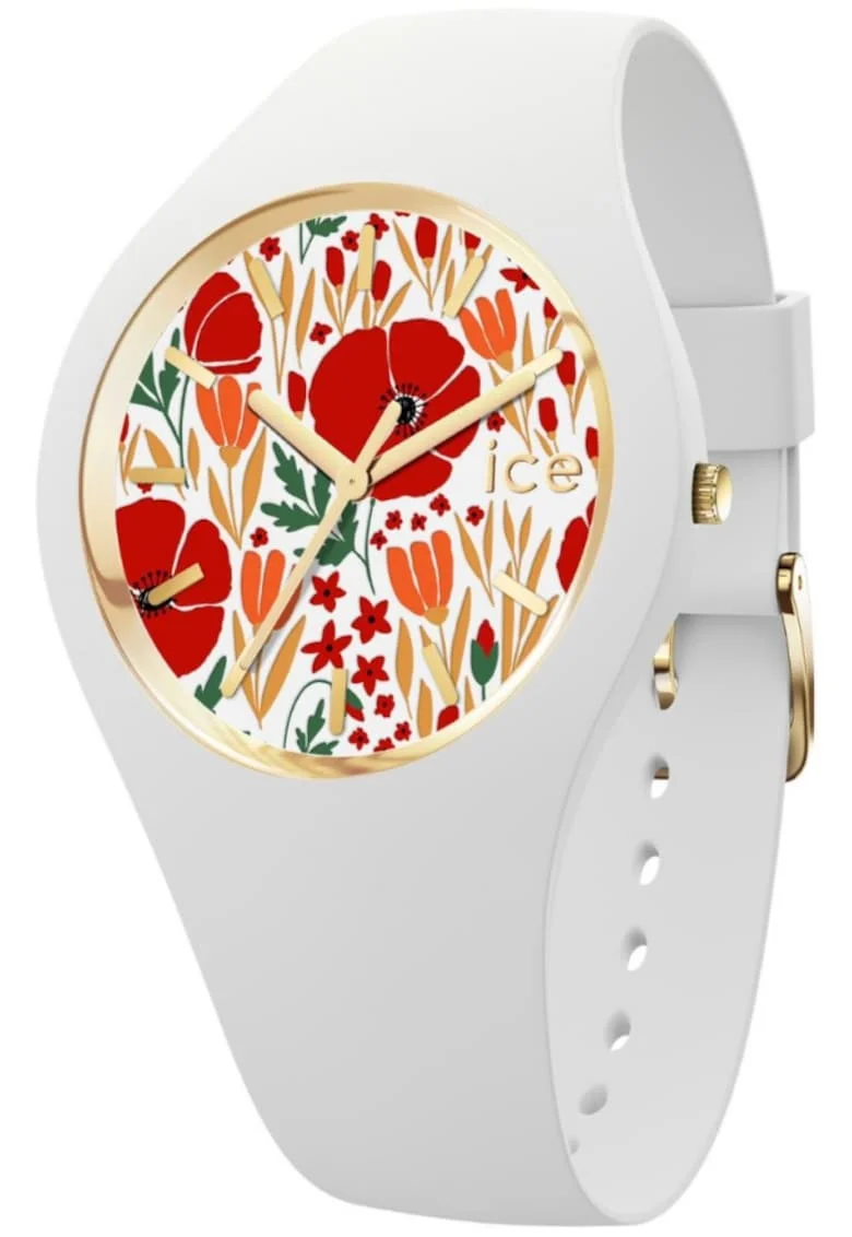 Ceas de dama  020512 alb, cu flori de moda pe cadran