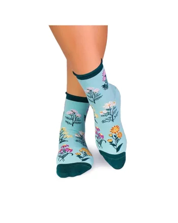 Sosete bumbac de lungime medie, model floral, Menta