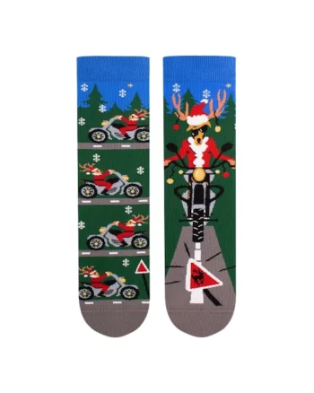 Sosete din bumbac organic de Craciun Arty Socks Cerb Motociclist Verde inchis