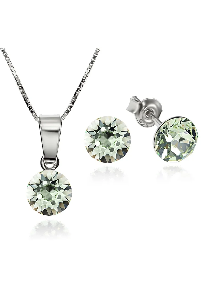 Set Argint 925 placat cu rodiu cu cristale Swarovski® Xirius 6mm Surub + Lant, Alb/Verde deschis