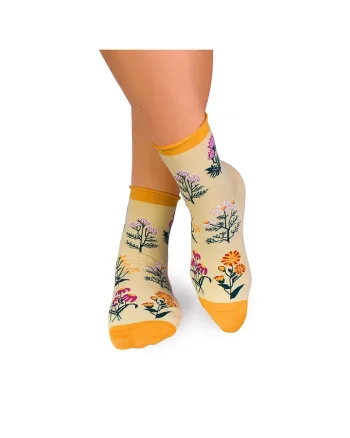 Sosete bumbac de lungime medie, model floral, Galben