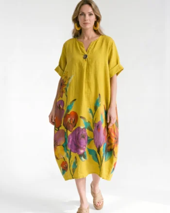 Rochie midi din in cu imprimeu floral colorat si croi balon, galbena