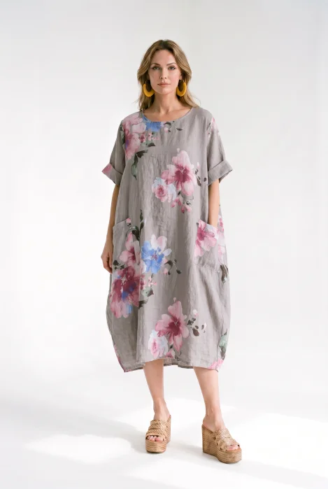 Rochie din in cu imprimeu floral si croi balon cu buzunare, bej inchis