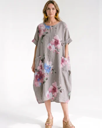 Rochie din in cu imprimeu floral si croi balon cu buzunare, bej inchis