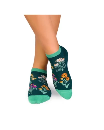 Sosete scurte bumbac, model floral, Verde Inchis
