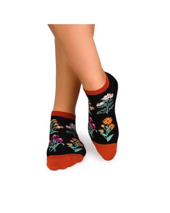 Sosete scurte bumbac, model floral, Negru