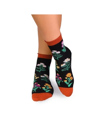 Sosete bumbac de lungime medie, model floral, Negru