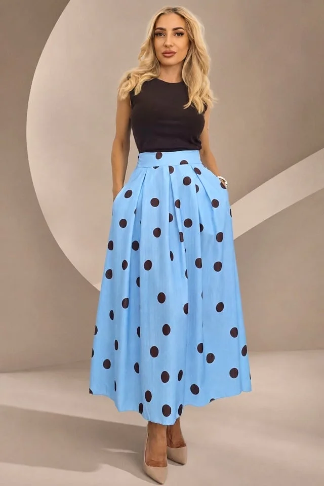 Fusta lunga cu buline Petronela, funda in talie si buzunare, Baby Blue, Marime S/M/L