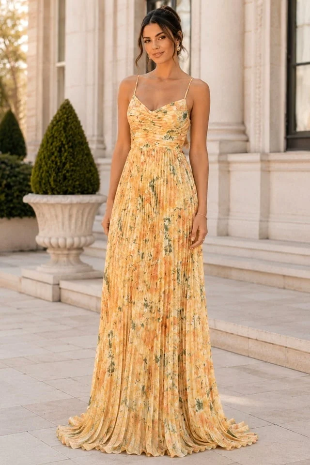 Rochie lunga plisata NYSA, cupe buretate si legare spate, Galben Hortensia, Marime S/M