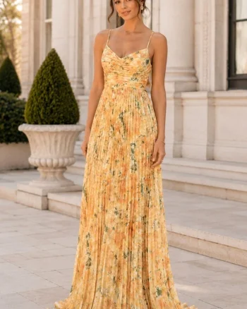 Rochie lunga plisata NYSA, cupe buretate si legare spate, Galben Hortensia, Marime S/M