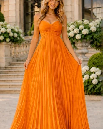 Rochie lunga plisata NYSA UNI, cu legare la spate, Orange, Marime S/M