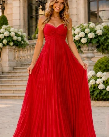 Rochie lunga plisata NYSA UNI, cu legare la spate, Rosu, Marime S/M
