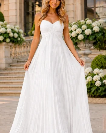 Rochie lunga plisata NYSA UNI, cu legare la spate, Alb, Marime S/M