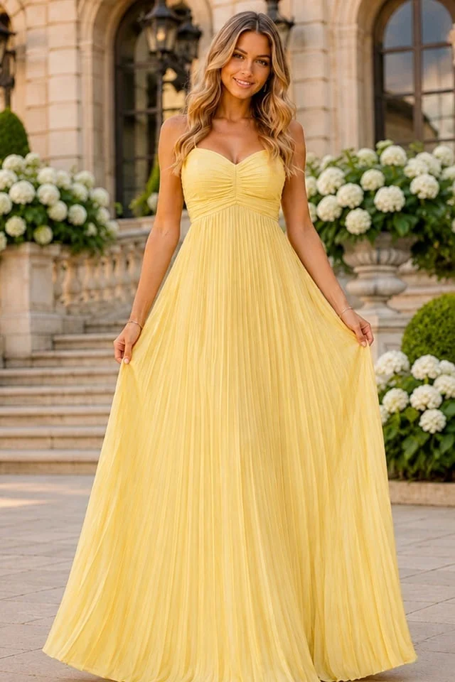 Rochie lunga plisata NYSA UNI, cu legare la spate, Galben, Marime S/M