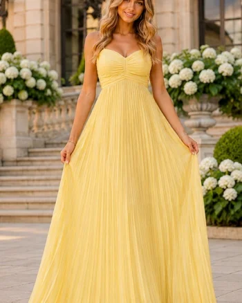 Rochie lunga plisata NYSA UNI, cu legare la spate, Galben, Marime S/M