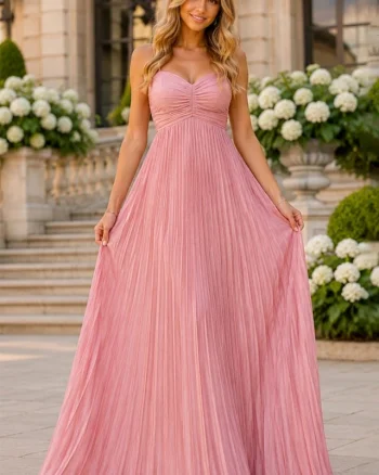 Rochie lunga plisata NYSA UNI, cu legare la spate, Roz, Marime S/M