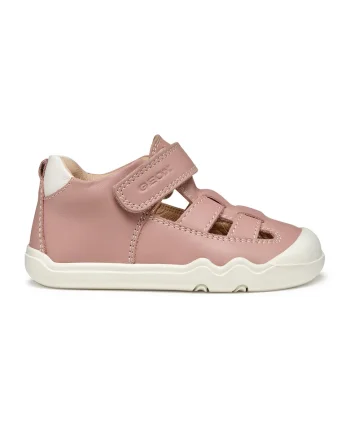 Pantofi de piele cu velcro si decupaje, Roz prafuit