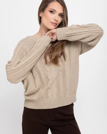Pulover lejer pentru femei  S-Aya, bumbac, cu decolteu rotund, bej, Bej