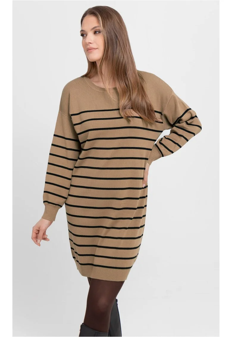 Rochie cu dungi  G-Senti, tricot, maro, maneca lunga, Maro